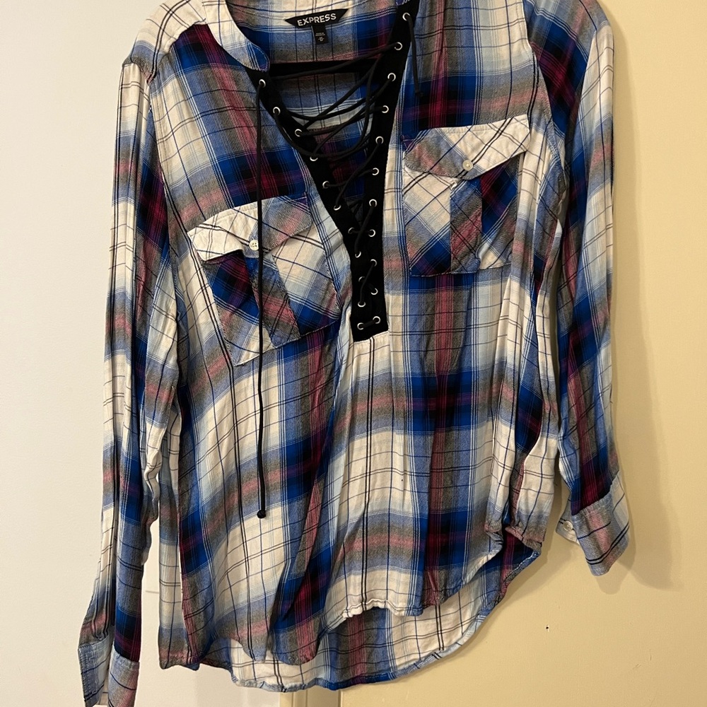 Express Plaid Blouse - blue, white and purple